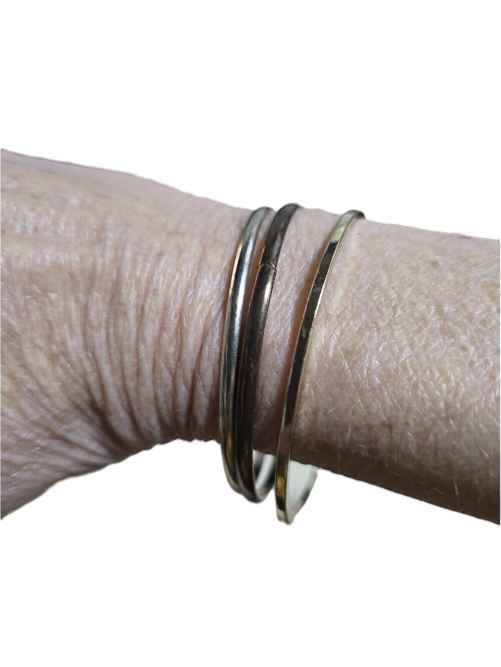 Set of 3 Stacked Metal Bangle Bracelets Silver & Gold Tone - Picture 3 of 4
